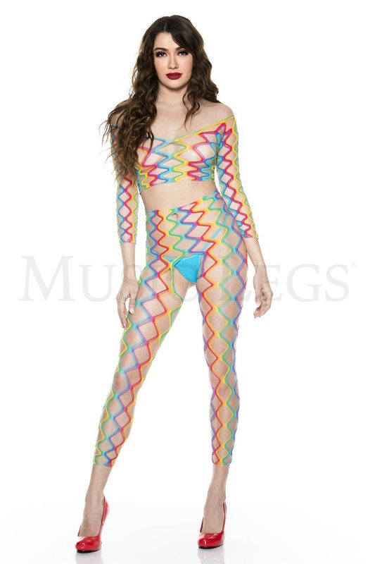 9310 Rainbow quarter sleeve crop top with scoop neck and matching high waist crotchless footless tights