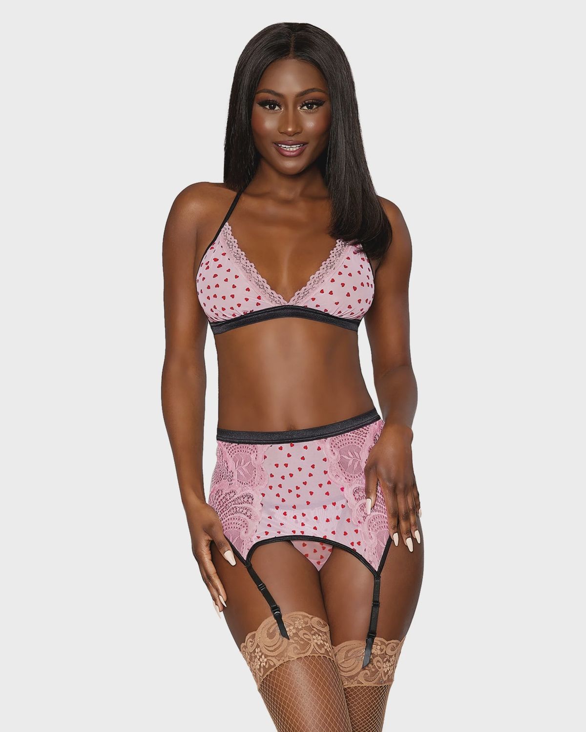 12678 Dreamgirl Flocked Heart Mesh and Lace 3 Piece Garter Set