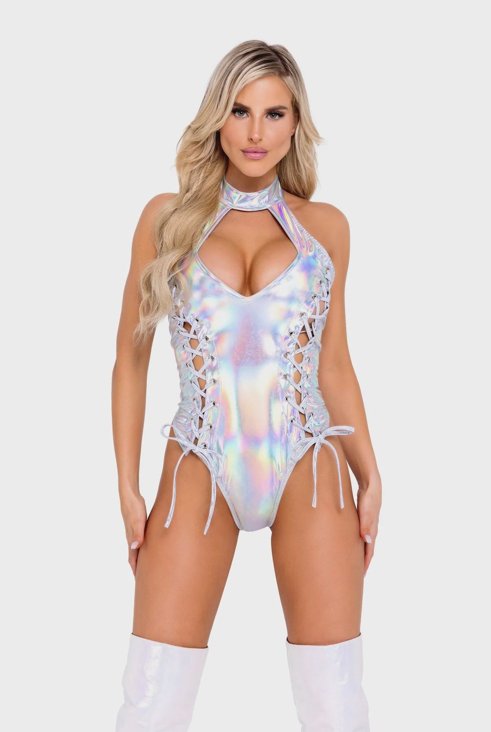 6113 - HOLOGRAPHIC LACE-UP ROMPER, Size: SMALL