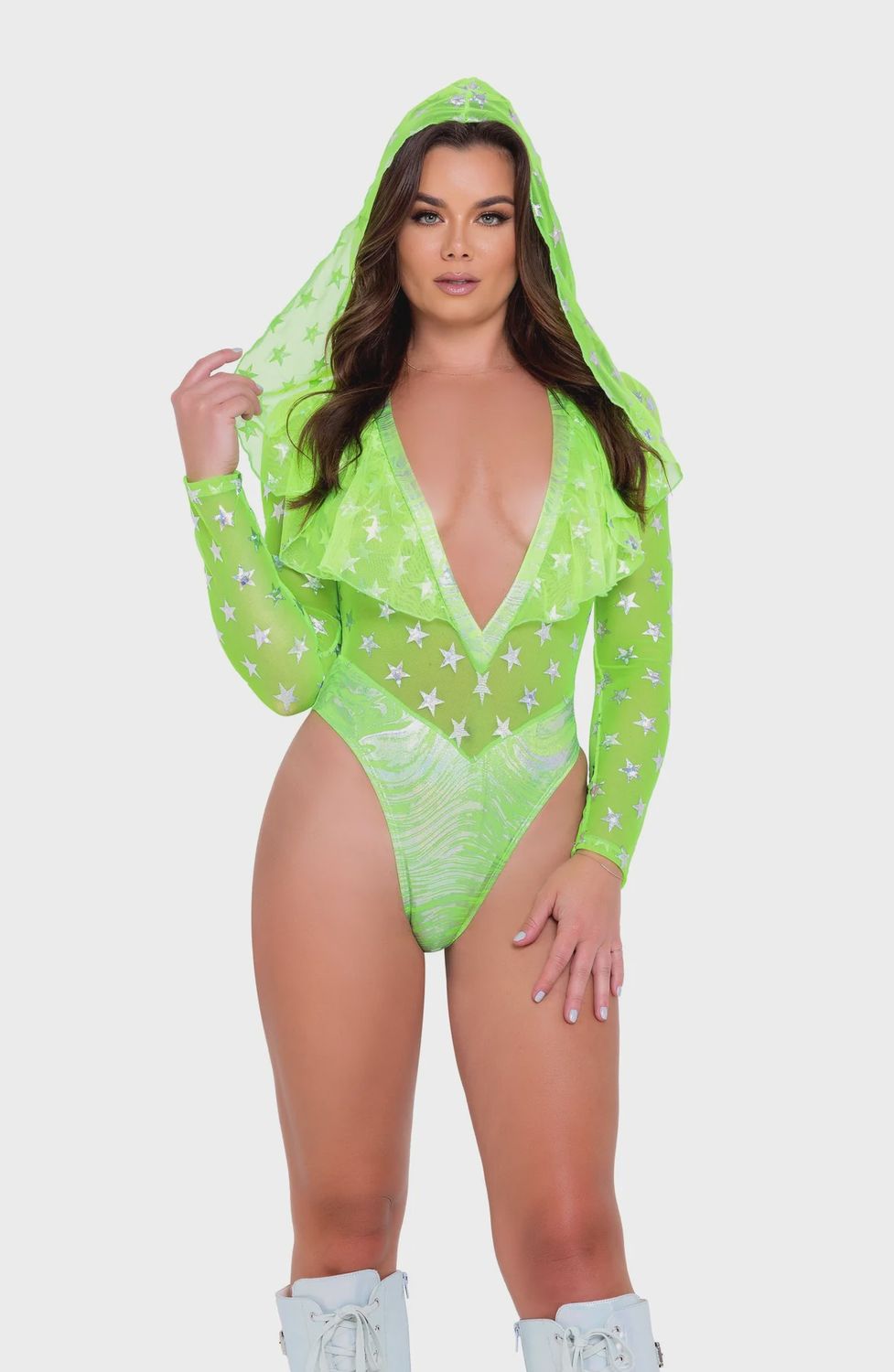 6085 - TWO-TONE HOODED ROMPER, Colour: NEON GREEN/SILVER, Size: SMALL