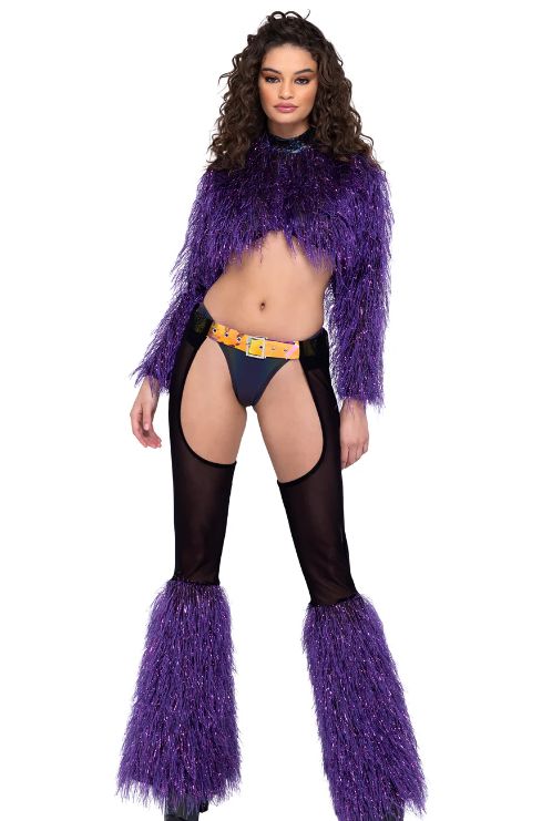 6248 - SHEER CHAPS WITH FAUX FUR BELL &amp; BELT, Colour: BLACK/PURPLE, Size: SMALL