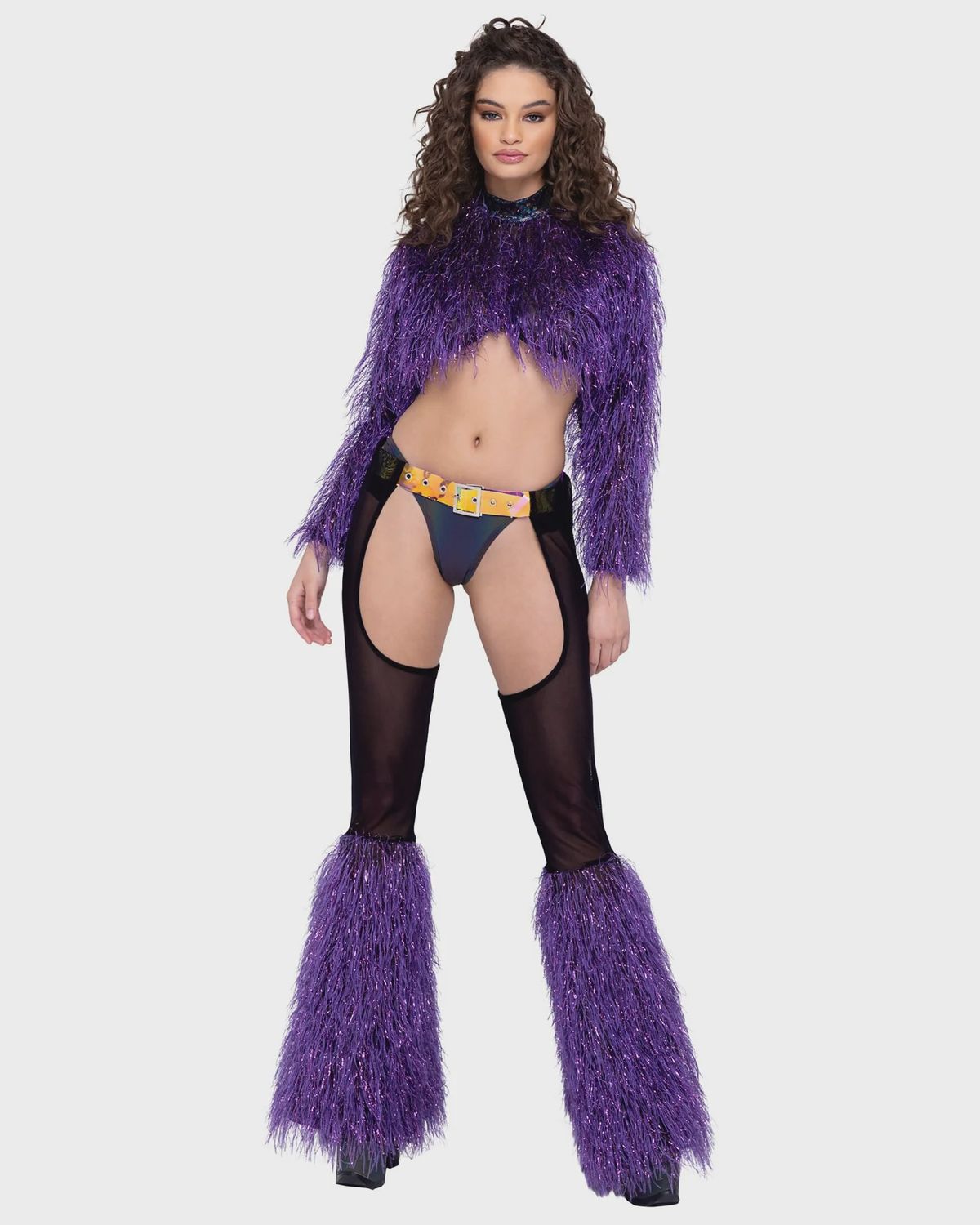 6250 - LONG SLEEVED FAUX FUR CROPPED TOP, Colour: PURPLE, Size: SMALL