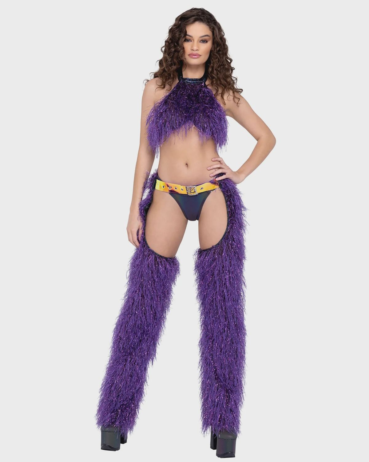 6252 - FAUX-FUR CHAPS WITH BELT, Colour: PURPLE, Size: SMALL