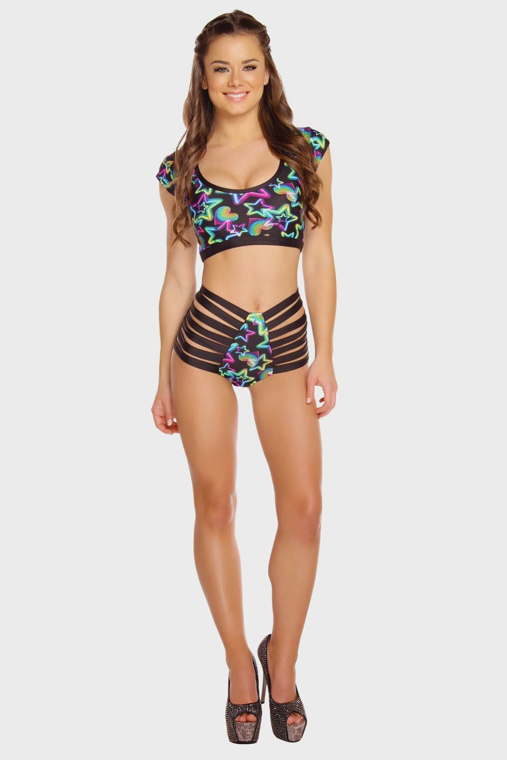 RB245 - PRINT HIGH-WAIST STRAPPY SHORT, Colour: NEON STAR BLUE, Size: SMALL