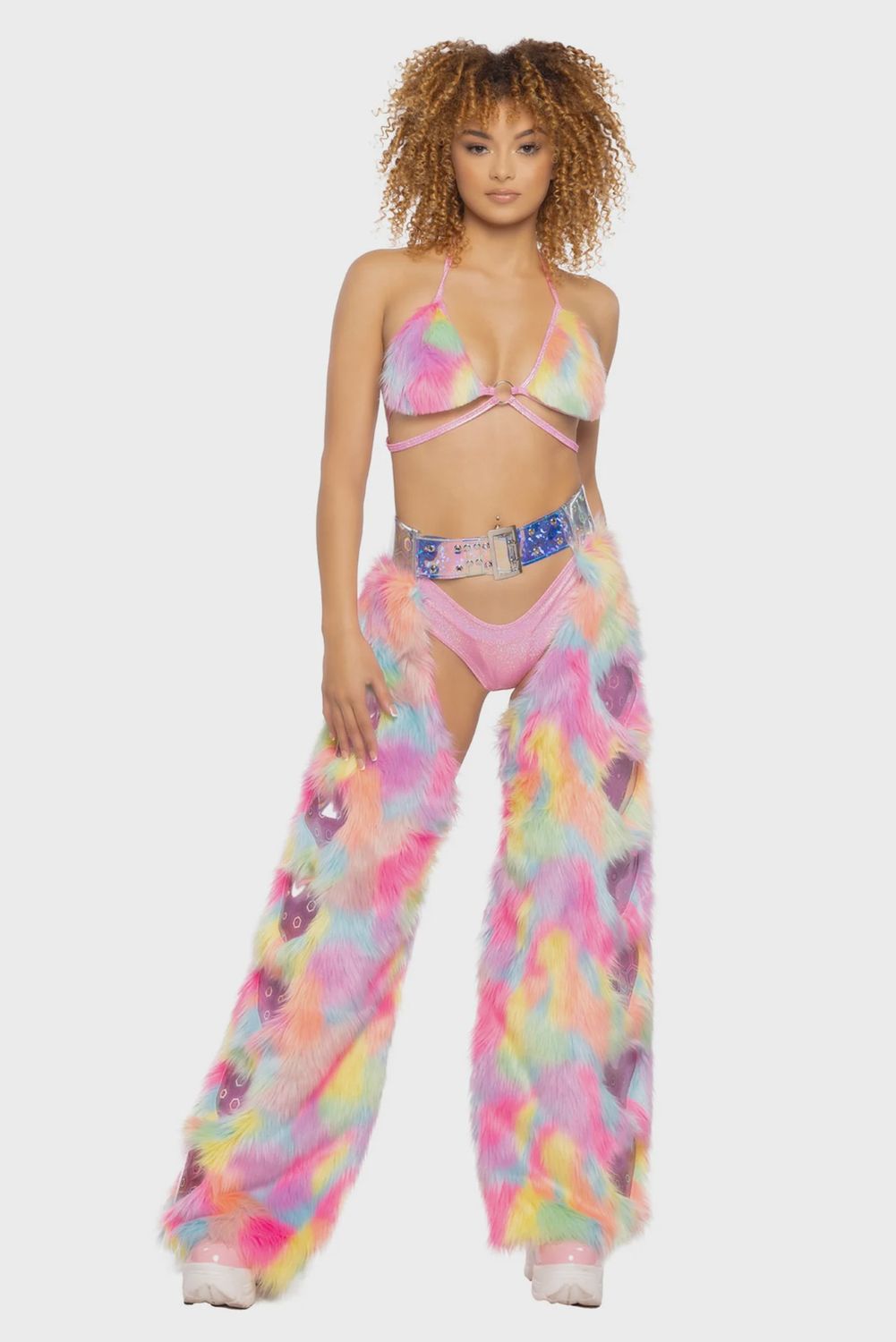 JR147 - FAUX FUR RAINBOW HEART CHAPS, Size: S/M