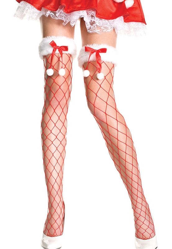 4944-WHITE/RED Spandex fence net thigh hi with ruffle trim and bow
