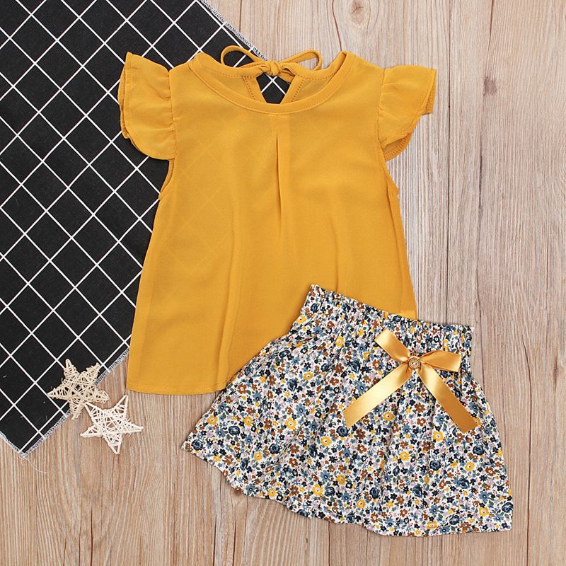 Children&amp;#039;s European And American Summer Girls Small Fly Sleeve Top + Bow Floral Skirt Two-piece Children&amp;#039;s Clothing Ins