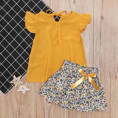 Children&amp;#039;s European And American Summer Girls Small Fly Sleeve Top + Bow Floral Skirt Two-piece Children&amp;#039;s Clothing Ins