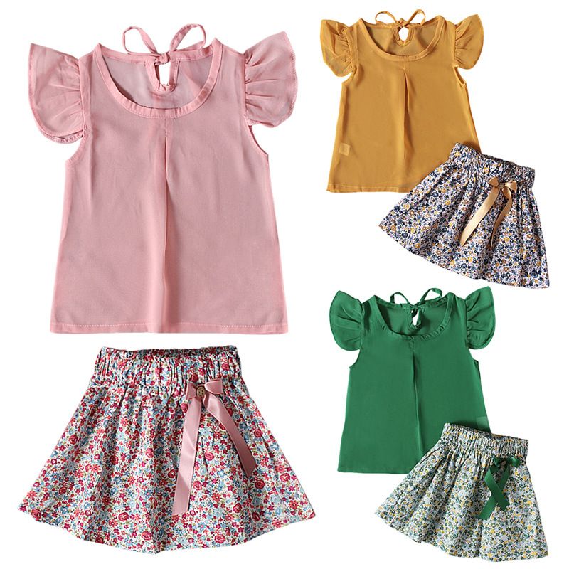Children&amp;#039;s European And American Summer Girls Small Fly Sleeve Top + Bow Floral Skirt Two-piece Children&amp;#039;s Clothing Ins