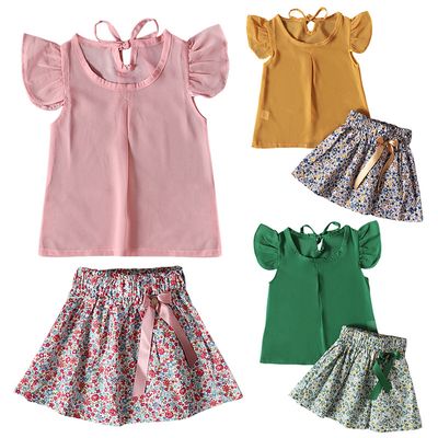 Children&amp;#039;s European And American Summer Girls Small Fly Sleeve Top + Bow Floral Skirt Two-piece Children&amp;#039;s Clothing Ins