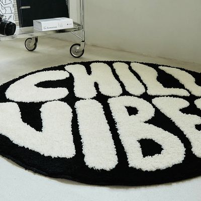 Round Carpet Original Black And White Letters Ins Style Living Room Bedroom Thickened Non-Slip Floor Mat Household Bedside Blanket