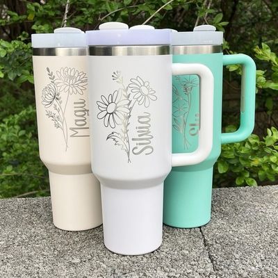 Cross-border POD Amazon Popular 40oz Car Cup Handle Thermos Cup Customized Birthday Flower Name One Piece Customized