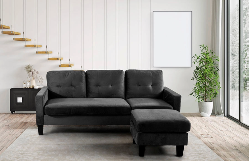 Sofa + Puff Vika Convertible en Chaise Longue Negro 184x131 cm
