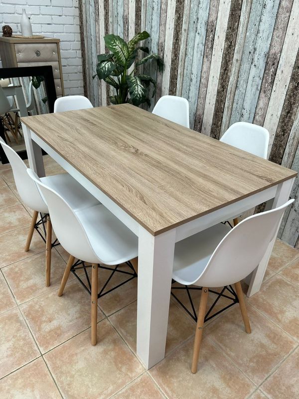 Mesa De Madera +6 Sillas Blancas Nórdicas