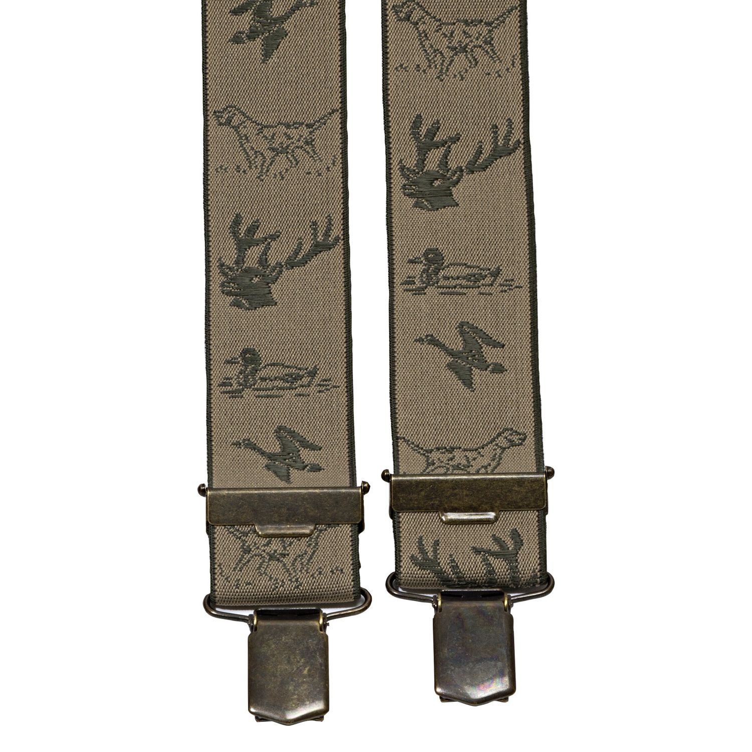 Beige hunting suspenders with game animal motifs