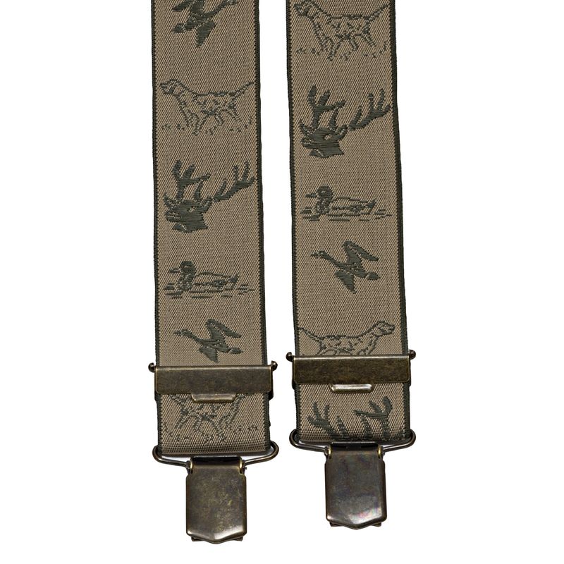 Beige hunting suspenders with game animal motifs