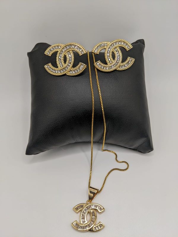 Gold Plated Chanel Statement Earring with Stainless Steel Chanel Necklace- 17 inches necklace