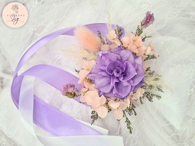 Elegant Purple Dahlia Corsage/Boutonniere crafted from sola wood, accented with dried caspia, hydrangea, statice, and bunny tail, and adorned with purple and white ribbons, ideal for weddings, proms, or any formal event, handmade with care