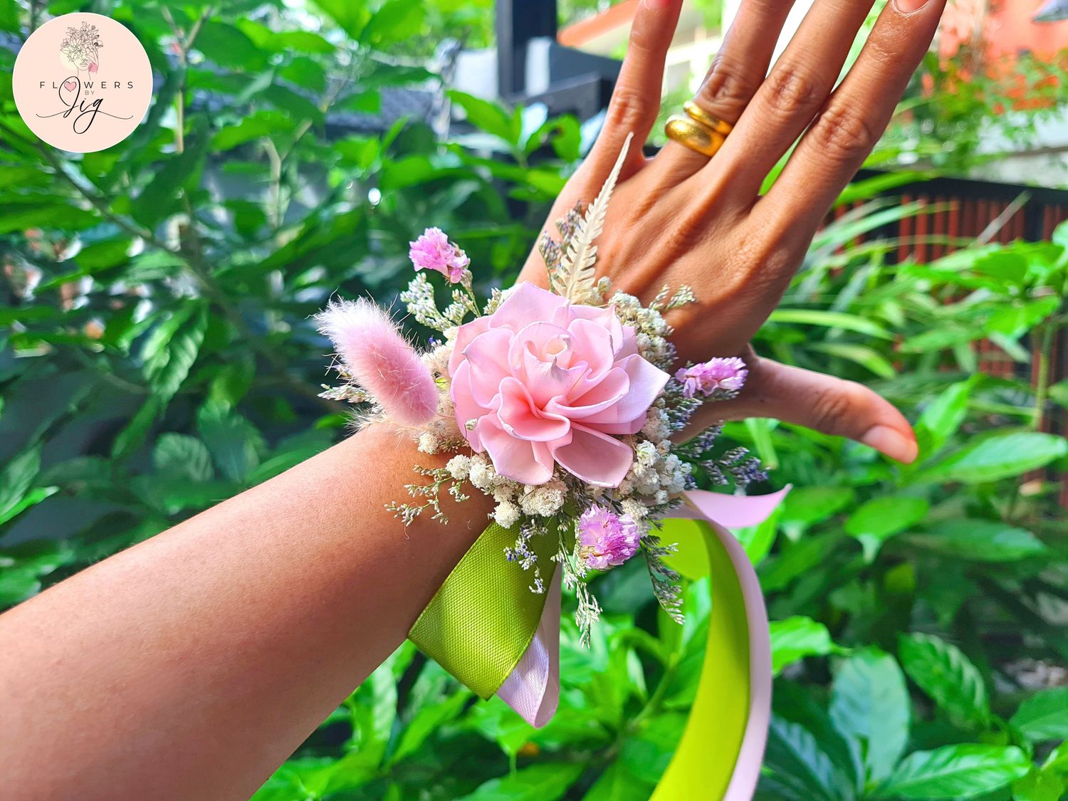 Pink Dahlia Sola Wood Corsage/Boutonniere handcrafted w/ Caspia, Hydrangea, Statice, Bunny Tail, Light  Ribbons - Wedding Floral Accessories