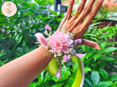 Pink Dahlia Sola Wood Corsage/Boutonniere handcrafted w/ Caspia, Hydrangea, Statice, Bunny Tail, Light  Ribbons - Wedding Floral Accessories