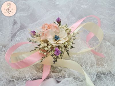White Cosmos Corsage or Boutonnière w/ caspia, gypsophila, statics, hydrangea &amp; finished with white and pink ribbons. A lovely classic look.