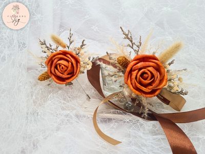 Handcrafted Sola Wood Corsage with Orange-Brown Rose, meadow foliage, and satin ribbon. Ideal for weddings, proms, and formal events. Durable, eco-friendly, and long-lasting keepsake that offers a realistic appearance.
