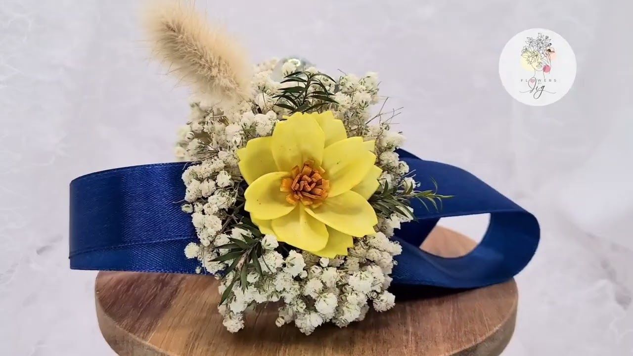 Yellow Cosmos of Sola Wood with meadow grass &amp; gypsophila | royal blue ribbon | Festive accessory | Wedding | events, ribbon, jute string.