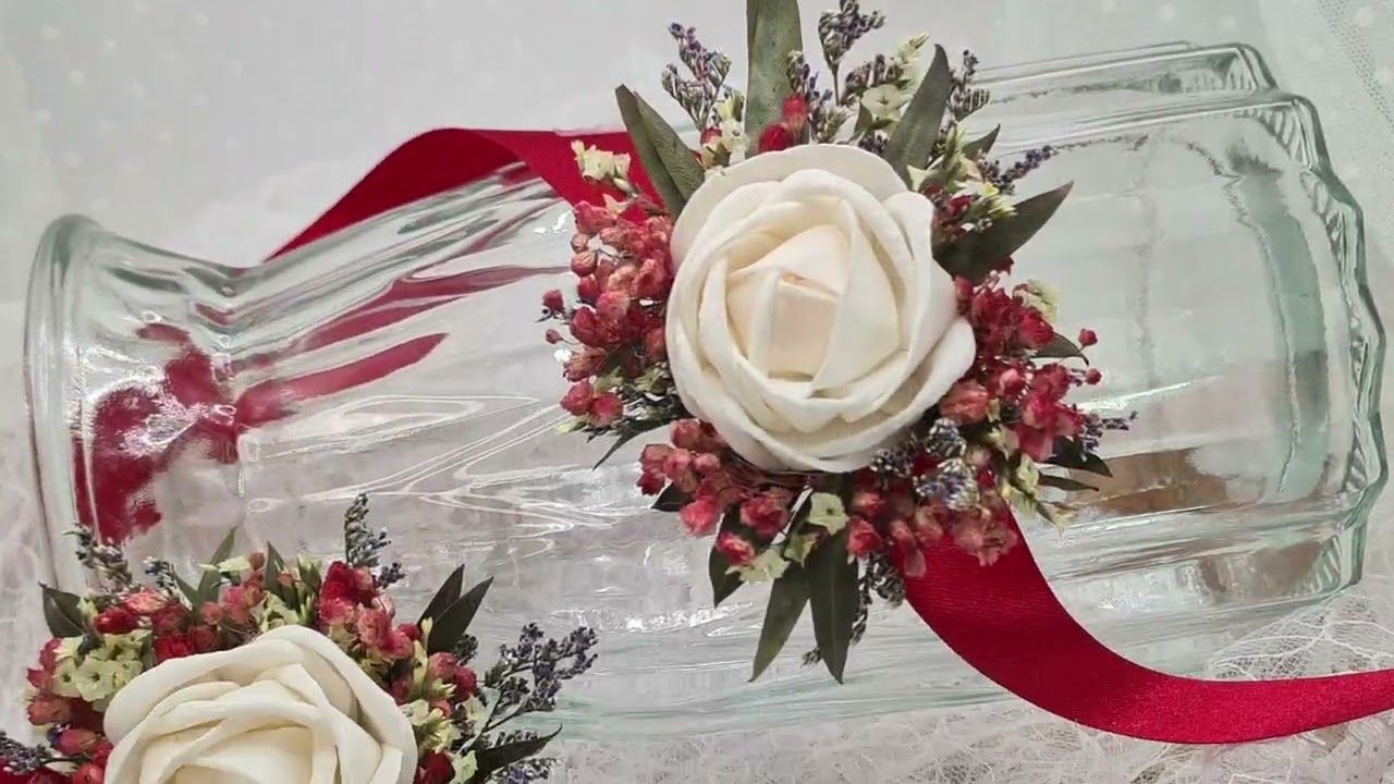 White Rose Wedding Wrist Corsage | Boutonnière | Sola Wood |Dried Flowers | Pinkish Gypsophila | Caspia | Red Satin Ribbon | Classic Wedding
