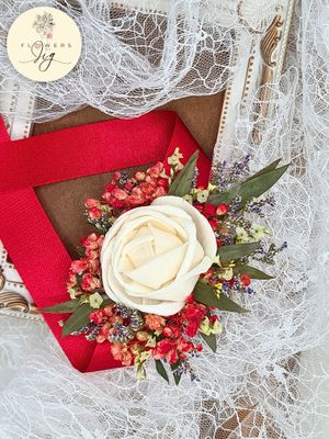 White Rose Wedding Wrist Corsage | Boutonnière | Sola Wood |Dried Flowers | Pinkish Gypsophila | Caspia | Red Satin Ribbon | Classic Wedding