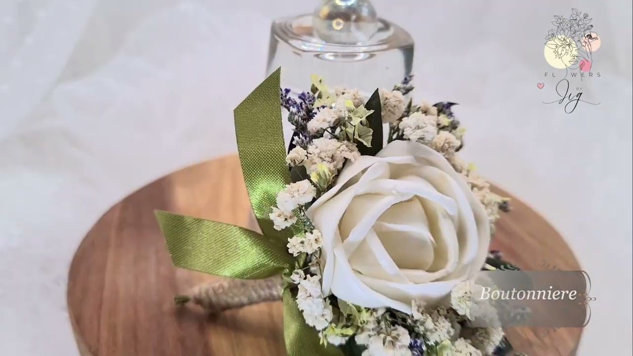 White Rose Wedding Wrist Corsage | Boutonnière | Sola Wood/Dried Flowers| Gypsophila | Caspia  Green Satin Ribbon | Boho.Classic Weddings.