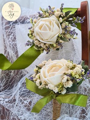 White Rose Wedding Wrist Corsage | Boutonnière | Sola Wood/Dried Flowers| Gypsophila | Caspia  Green Satin Ribbon | Boho.Classic Weddings.