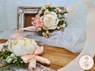 Crème Yellow Peony Wedding Corsage &amp; Boutonnière: Handcrafted from realistic sola wood and dried peach flowers, this eco-friendly floral arrangement is durable, long-lasting, and perfect for weddings, proms, and formal events