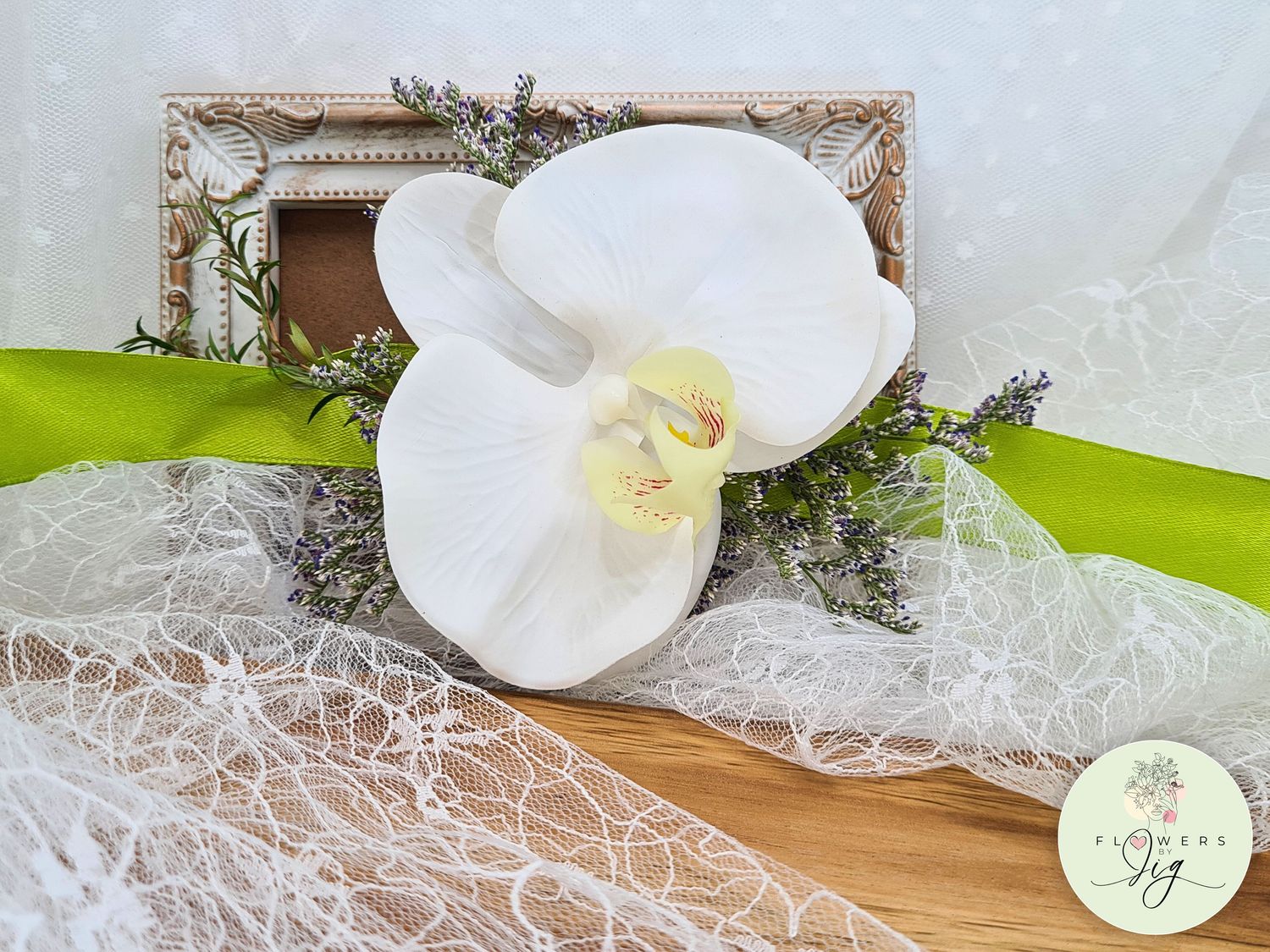 Vibrant White Orchid Wrist Corsage &amp; Boutonnière with lime green Satin Ribbon, perfect for Tropical Weddings. Handcrafted with Realistic Polyester, adorned with dried Statice &amp; Caspia, these eco-friendly pieces make lasting keepsakes.