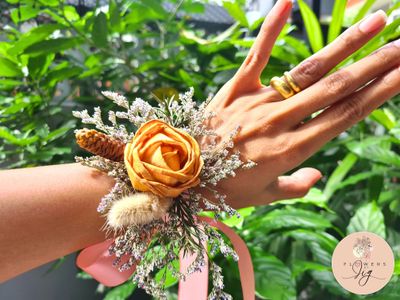 Apricot Rose Wedding Wrist Corsage and Boutonnière - Sola Wood &amp; Dried Flowers, Elegant Eco-Friendly Accessory for Weddings
