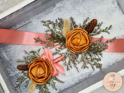 Classic Apricot Rose Wrist Corsage &amp; Boutonnière with Sola Wood &amp; dried flowers. Features Pinecone, rabbit tail, statice &amp; peach satin ribbon for timeless elegance &amp; charm.
