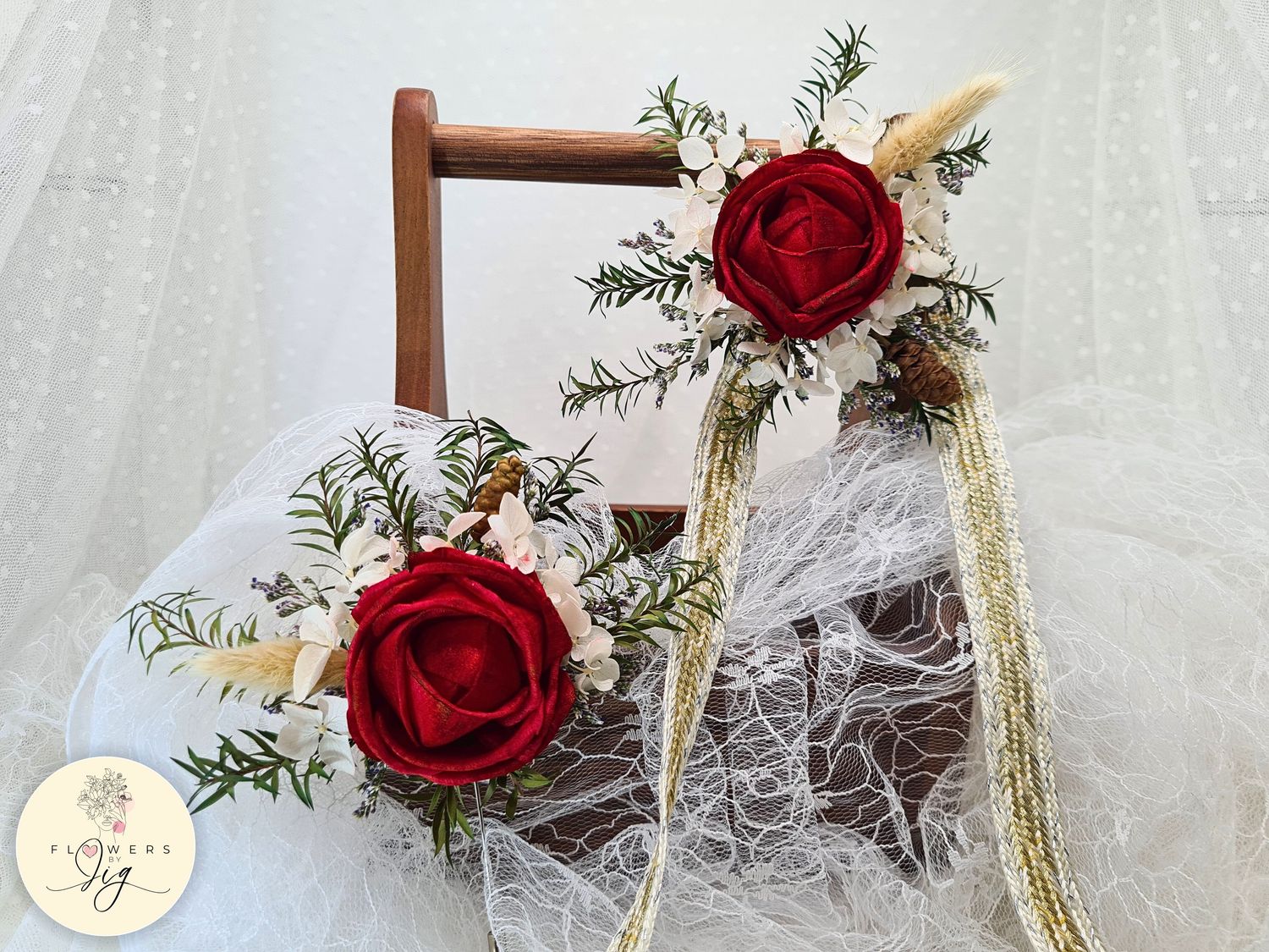 Elegant Red Rose Wedding Corsage and Boutonnière Set with realistic sola wood roses, dried white hydrangea, pinecones, and rabbit tails. Perfect for weddings and proms, offering timeless elegance and eco-friendly design.