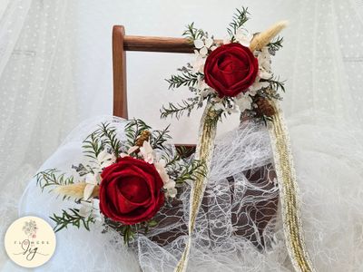 Elegant Red Rose Wedding Corsage and Boutonnière Set with realistic sola wood roses, dried white hydrangea, pinecones, and rabbit tails. Perfect for weddings and proms, offering timeless elegance and eco-friendly design.