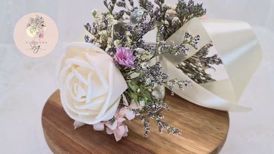 White Rose Wedding Wrist Corsage | Boutonnière | Sola Wood/Dried Flowers| Peach Hydrangea, Purple Iris, Creme Satin Ribbon | Classic Style