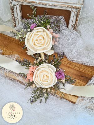 White Rose Wedding Wrist Corsage | Boutonnière | Sola Wood/Dried Flowers| Peach Hydrangea, Purple Iris, Creme Satin Ribbon | Classic Style