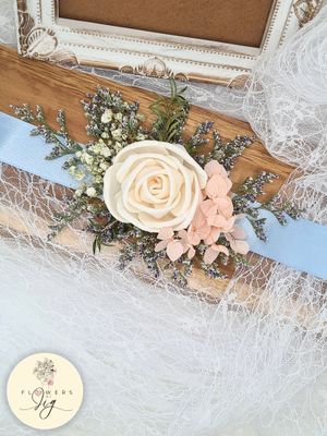 Handcrafted Crème Rose Wedding Corsage &amp; Boutonnière made with sola wood, Peach Hydrangea, and blue satin ribbon. Eco-friendly and customizable. Ideal for brides, grooms, and wedding planners seeking sustainable, elegant floral accessories.