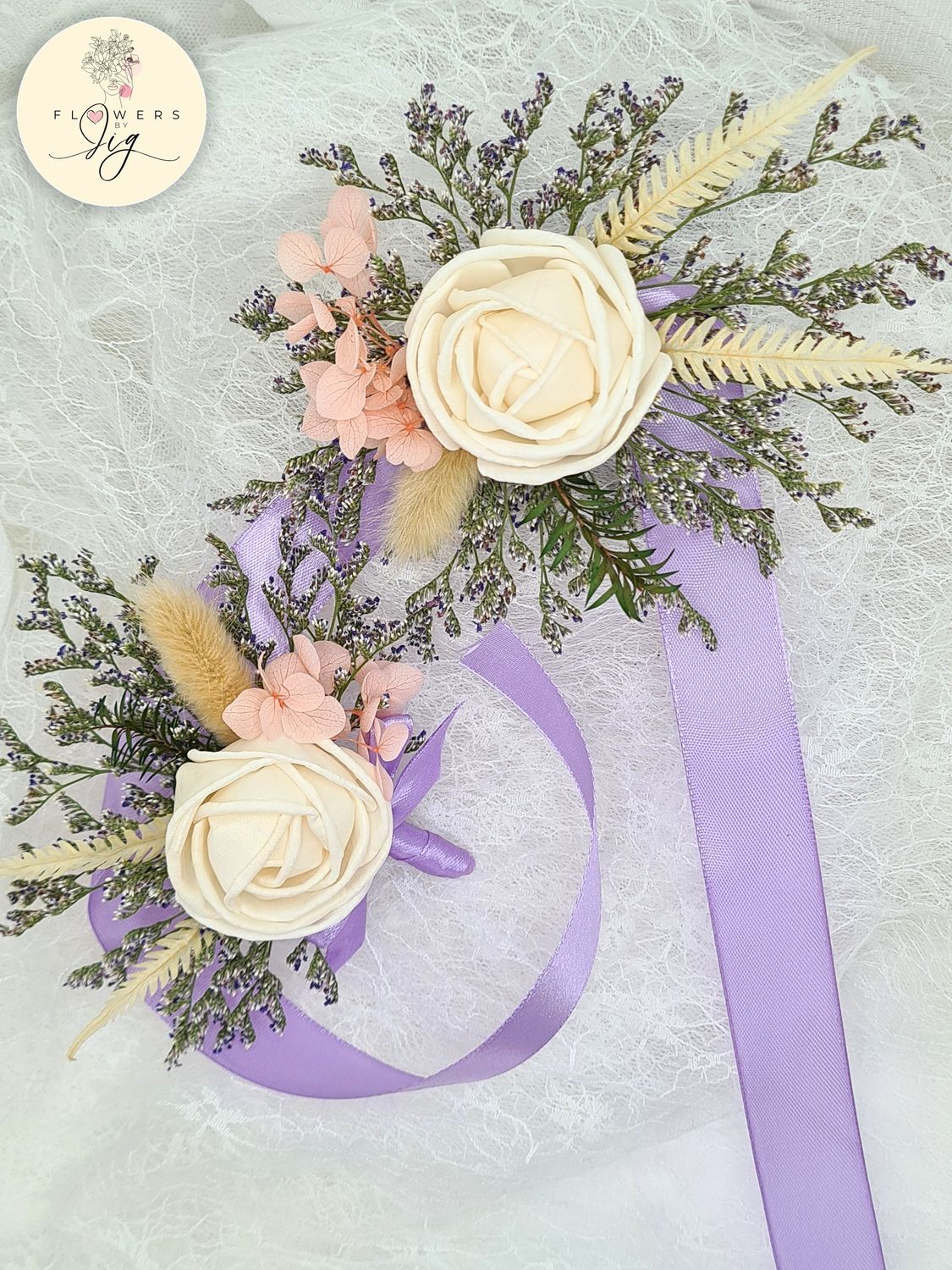 Crème Rose Wedding Wrist Corsage &amp; Boutonnière with Sola Wood &amp; dried flowers. Features Peach Hydrangea &amp; purple satin ribbon. Perfect for boho &amp; classic weddings.
