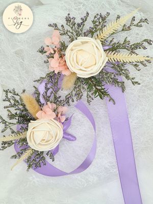 Crème Rose Wedding Wrist Corsage &amp; Boutonnière with Sola Wood &amp; dried flowers. Features Peach Hydrangea &amp; purple satin ribbon. Perfect for boho &amp; classic weddings.