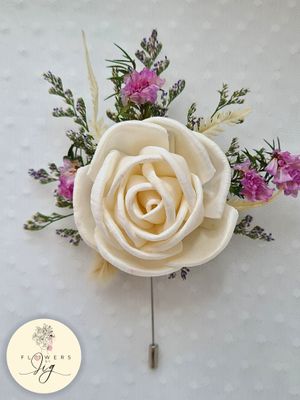 Crème Rose Wedding Corsage &amp; Boutonnière Set with sola wood rose, purple iris, and dried flowers. Handcrafted, eco-friendly, and long-lasting. Perfect for weddings, proms, and special occasions. Includes olive and gold ribbon. Approx. 4 inches.