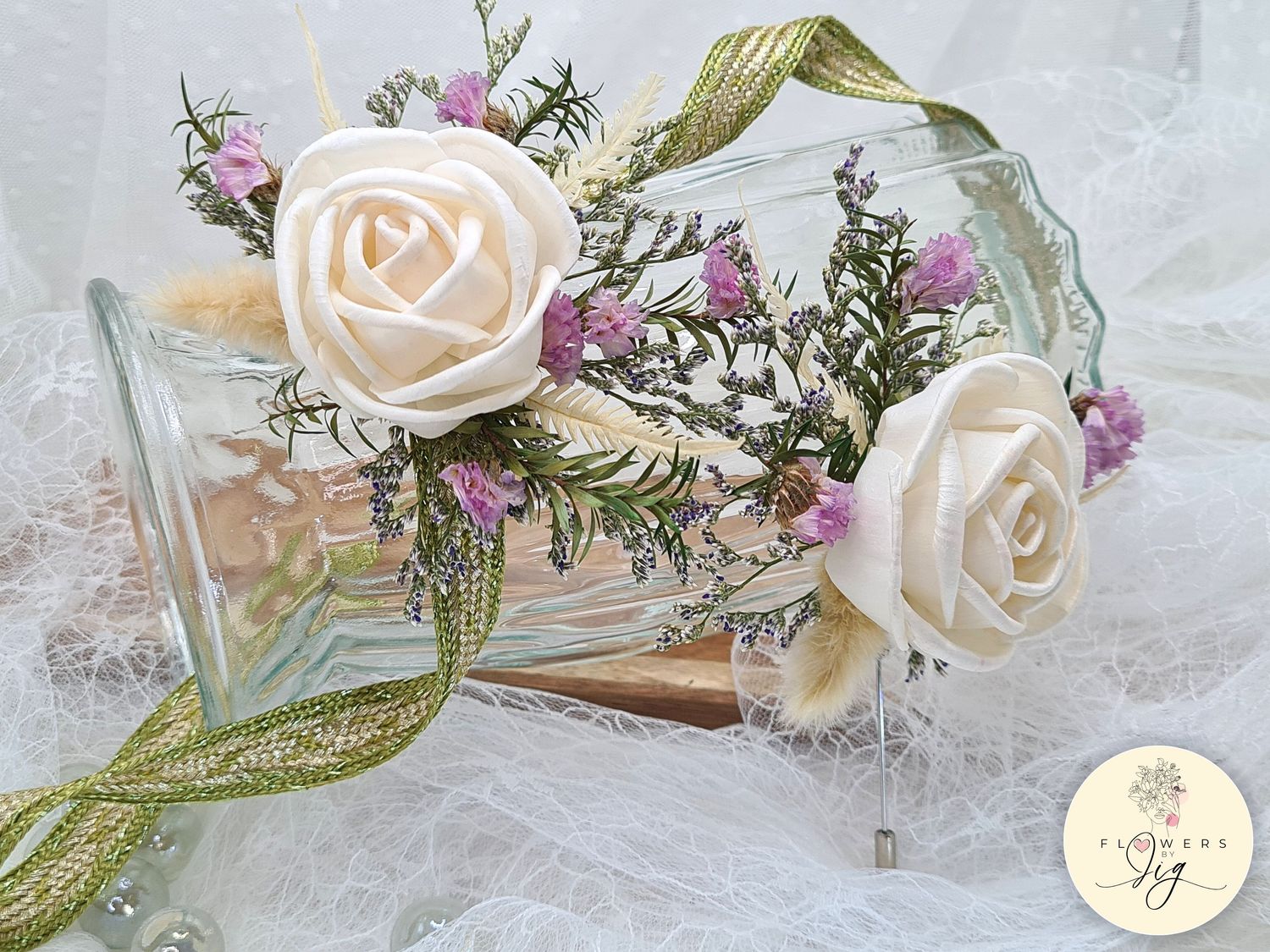 Eco-friendly Crème Rose Wedding Corsage &amp; Boutonnière Set handcrafted with sola wood rose, dried flowers, and purple iris. Durable, sustainable, and perfect for weddings, proms, and special events. Elegant olive and gold ribbon detail.