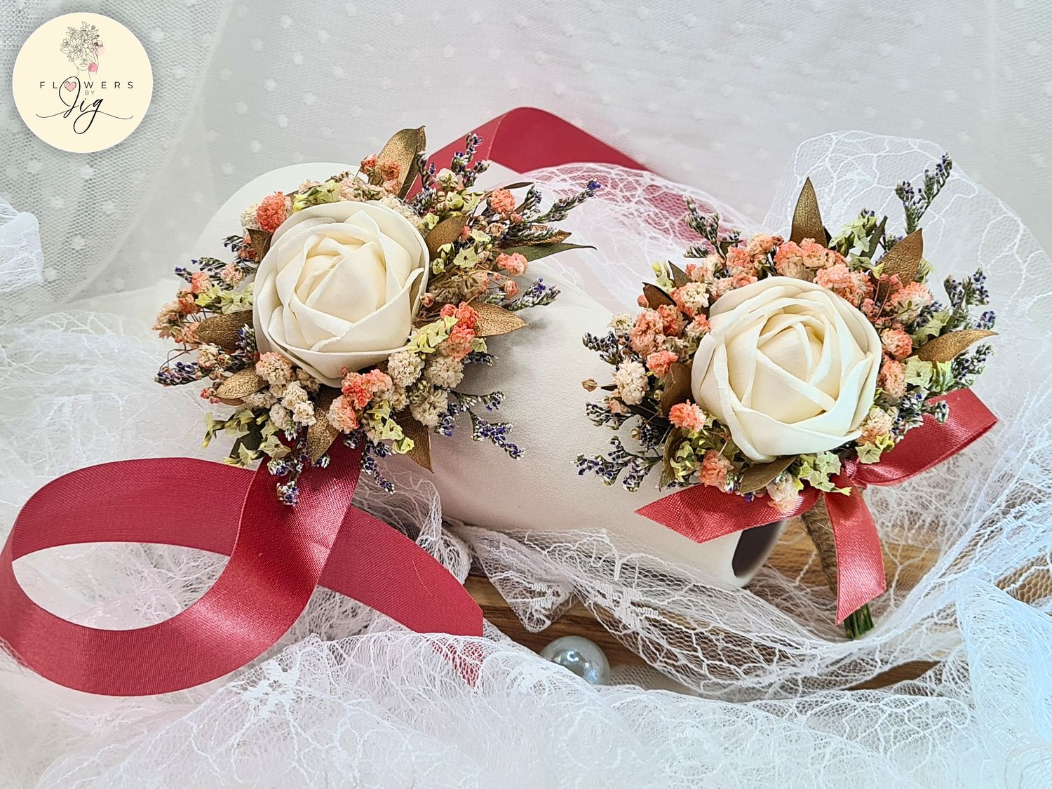 Elegant Sola Wood Rose Wrist Corsage &amp; Boutonniere Set featuring white sola wood roses with dried white and pink flowers. Includes dark pink satin ribbon and jute string. Perfect for weddings and special events.