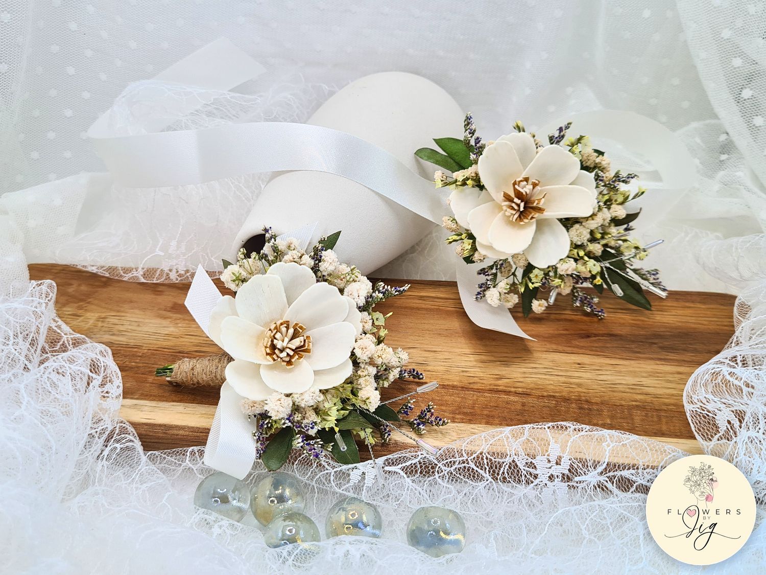 Handmade White Cosmos Sola Wood Corsage &amp; Boutonniere, featuring eco-friendly dried flowers, crystal accents, and satin ribbon. Ideal wedding accessory, durable and realistic, perfect for brides, grooms, and planners.