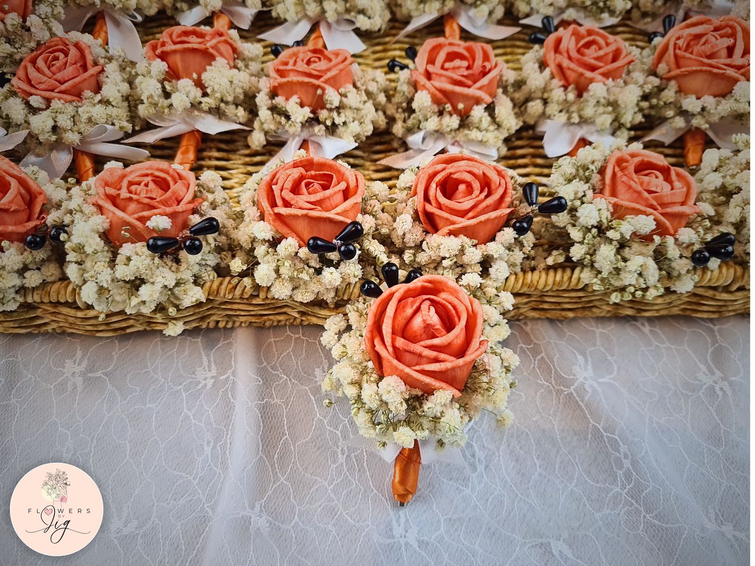 Handcrafted Tangerine Sola Wood Rose Boutonnière - Ideal for weddings, proms, or formal events, featuring gypsophila, black beads, and white ribbon. Eco-friendly and elegant, this boutonnière adds a sophisticated touch to any attire
