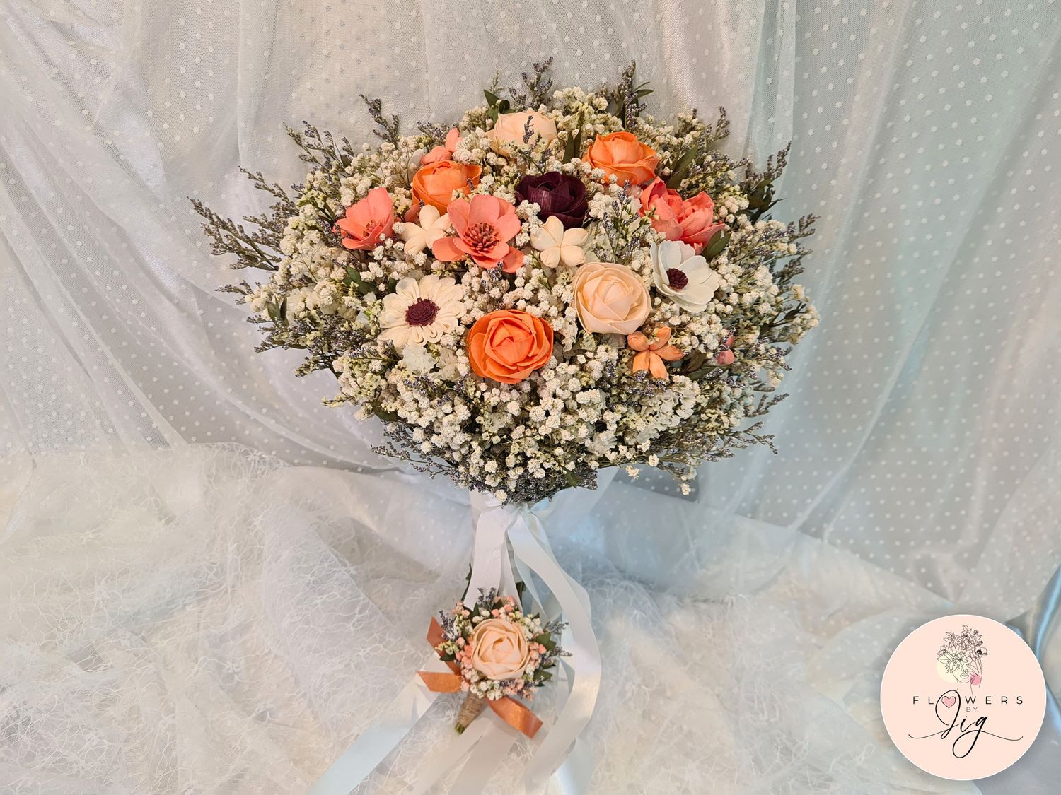 Handcrafted sola wood bouquet bursting with vibrant summer colors - perfect for rustic weddings. #SolaWoodFlowers #SummerWedding+ Comes with Complimentary Boutonniere or Wrist Corsage