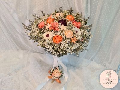 Handcrafted sola wood bouquet bursting with vibrant summer colors - perfect for rustic weddings. #SolaWoodFlowers #SummerWedding+ Comes with Complimentary Boutonniere or Wrist Corsage
