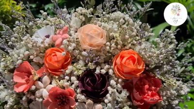 Classic Sola Wood Bouquet with White Daisy &amp; Orange Peony + Matching Boutonniere, Durable Rustic Wedding Flowers, Long-Lasting Floral Decor